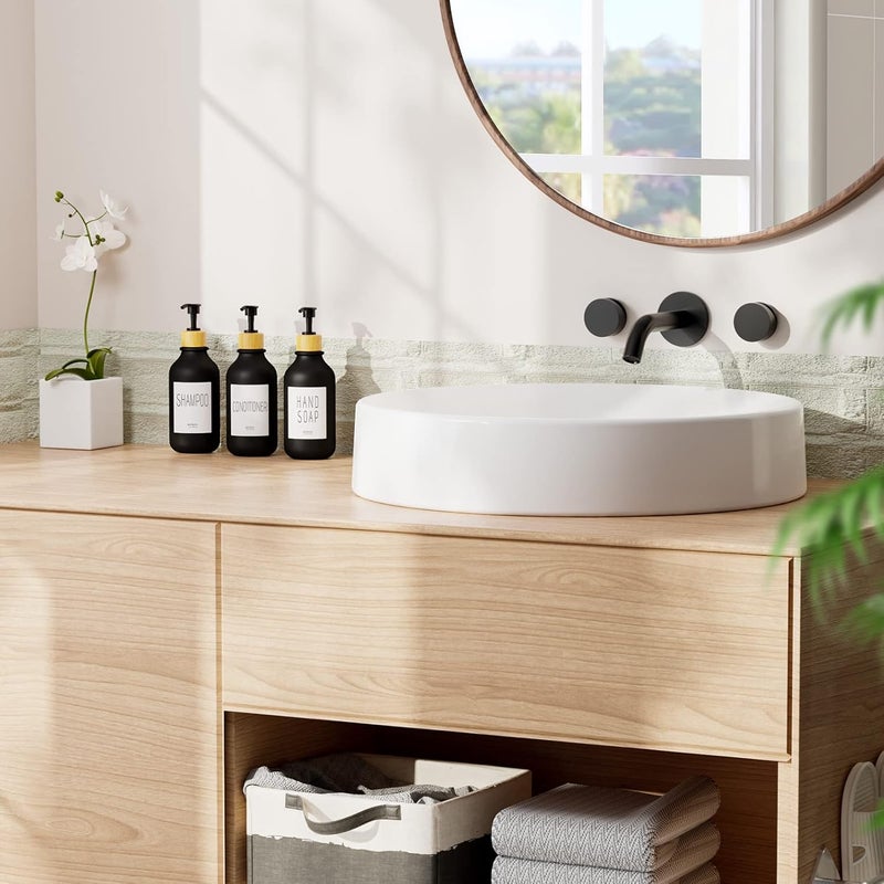 VITVITI Shampoo and Conditioner Dispenser, Body Wash Shower Soap Dispenser Wall Mounted 3 Chamber, Drill Free 17oz Plastic Shower Bottles for Bathroom, Black 3 Sets - Image 5